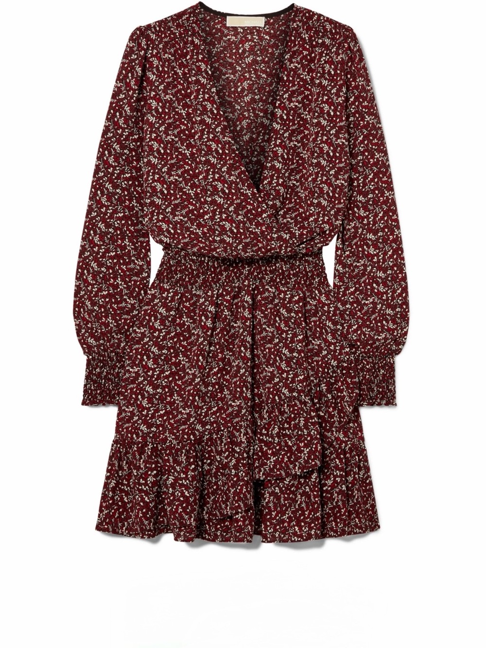 Michael Kors Floral Smocked Mini Dress Burgundy Long Sleeve V-Neck Size S - Picture 11 of 16